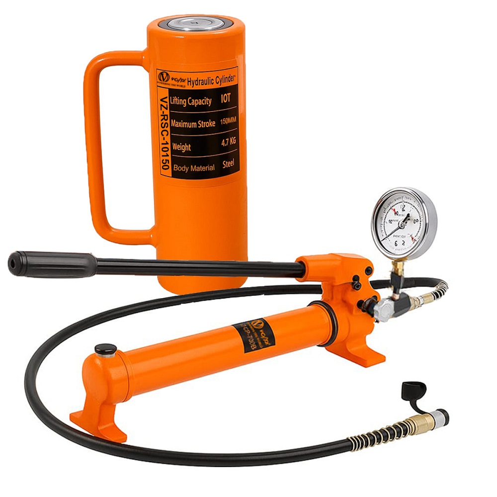 VOLTZ VZ - RSC-10150 Hydraulic Lifting Jack with CP 700B Hydraulic Pressure Gauge Pump Single Acting Ram 150mm Lifting Hydraulic Cylinder Jack Solid with Hand Pump 10 TON (6inch)