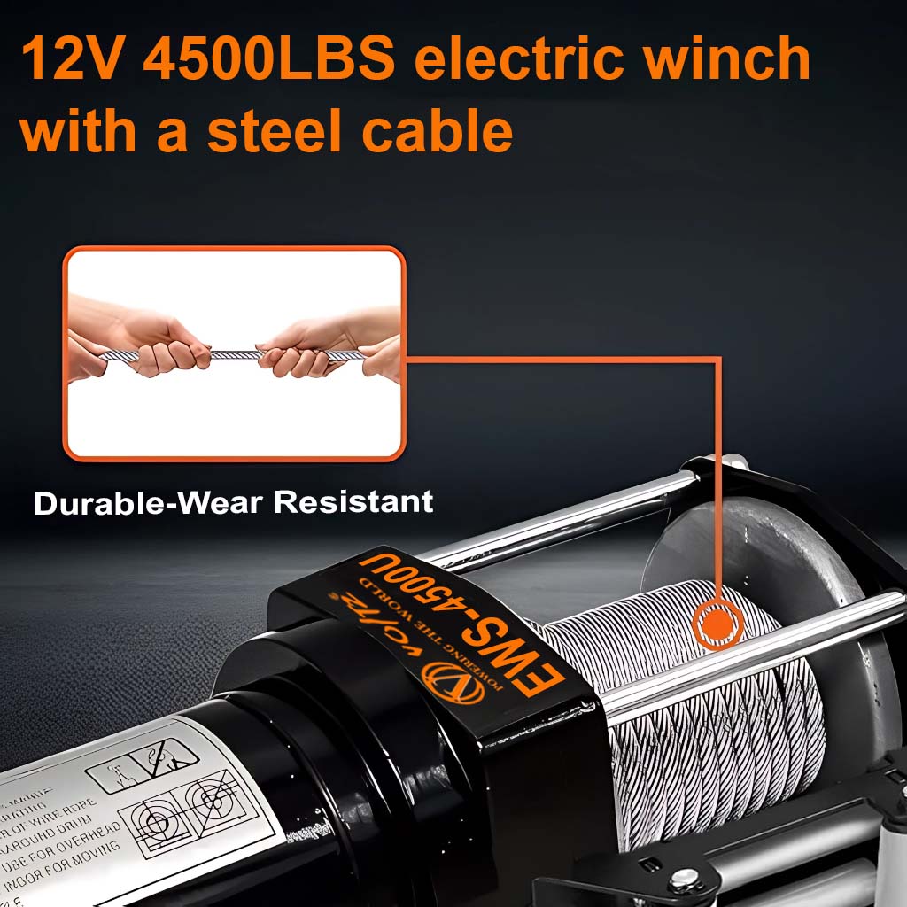 VOLTZ VZ-4500LBS 12V Electric winch with steel rope (2041kg) single line, battery-operated Remote control Cable (10M)/5.3mm alloy steel