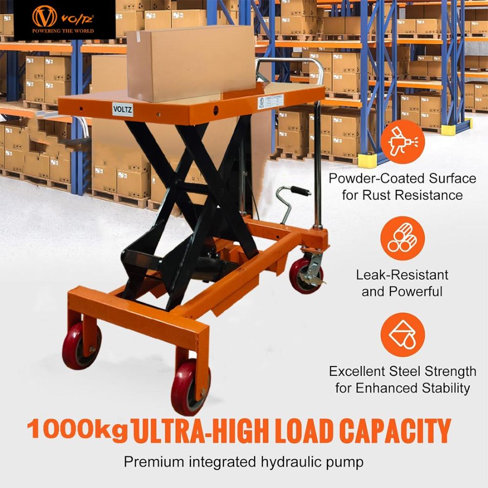 VOLTZ 1000 Kg Hydraulic Lift Trolley Max. Height 900 mm Manual Scissor Lift Table w/ 4 Wheels and Foot Pump, Elevating Hydraulic Cart for Material Handling, Orange