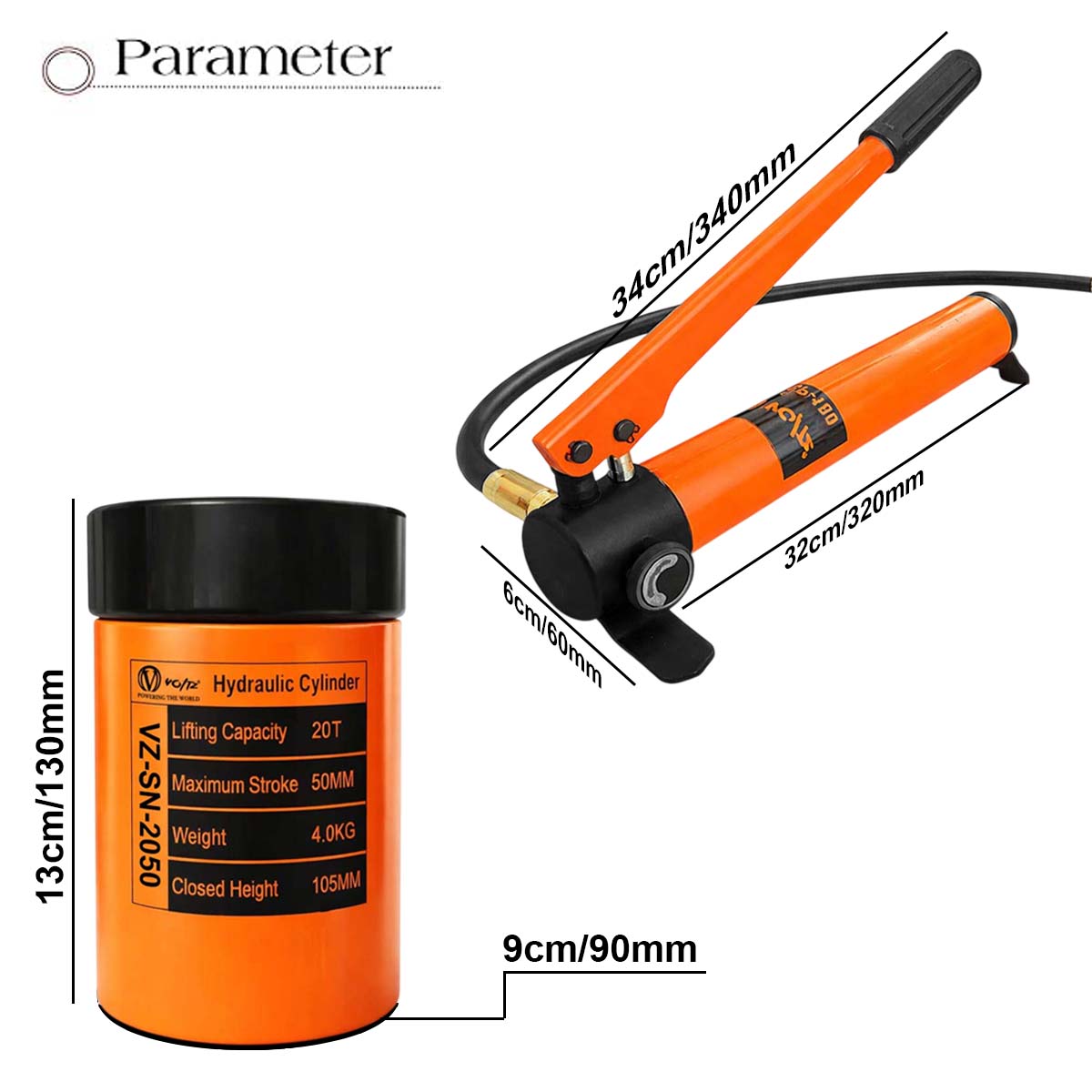 VOLTZ VZ-SN-2050 Hydraulic Lifting Jack with CP-180 Hydraulic Pump Single Acting Lock Nut lifting Stroke 50MM Lift Cylinder Jack Solid 20TON (2inch)