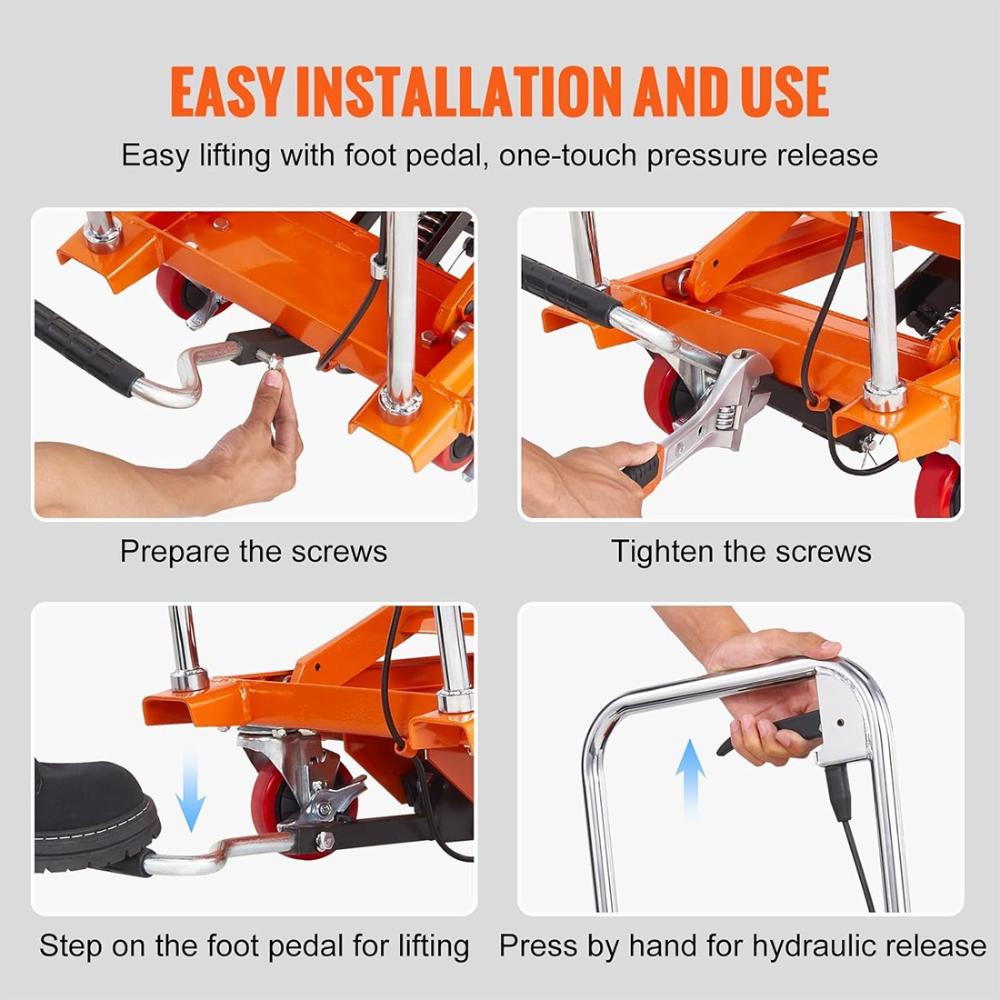 VOLTZ 1000 Kg Hydraulic Lift Trolley Max. Height 900 mm Manual Scissor Lift Table w/ 4 Wheels and Foot Pump, Elevating Hydraulic Cart for Material Handling, Orange