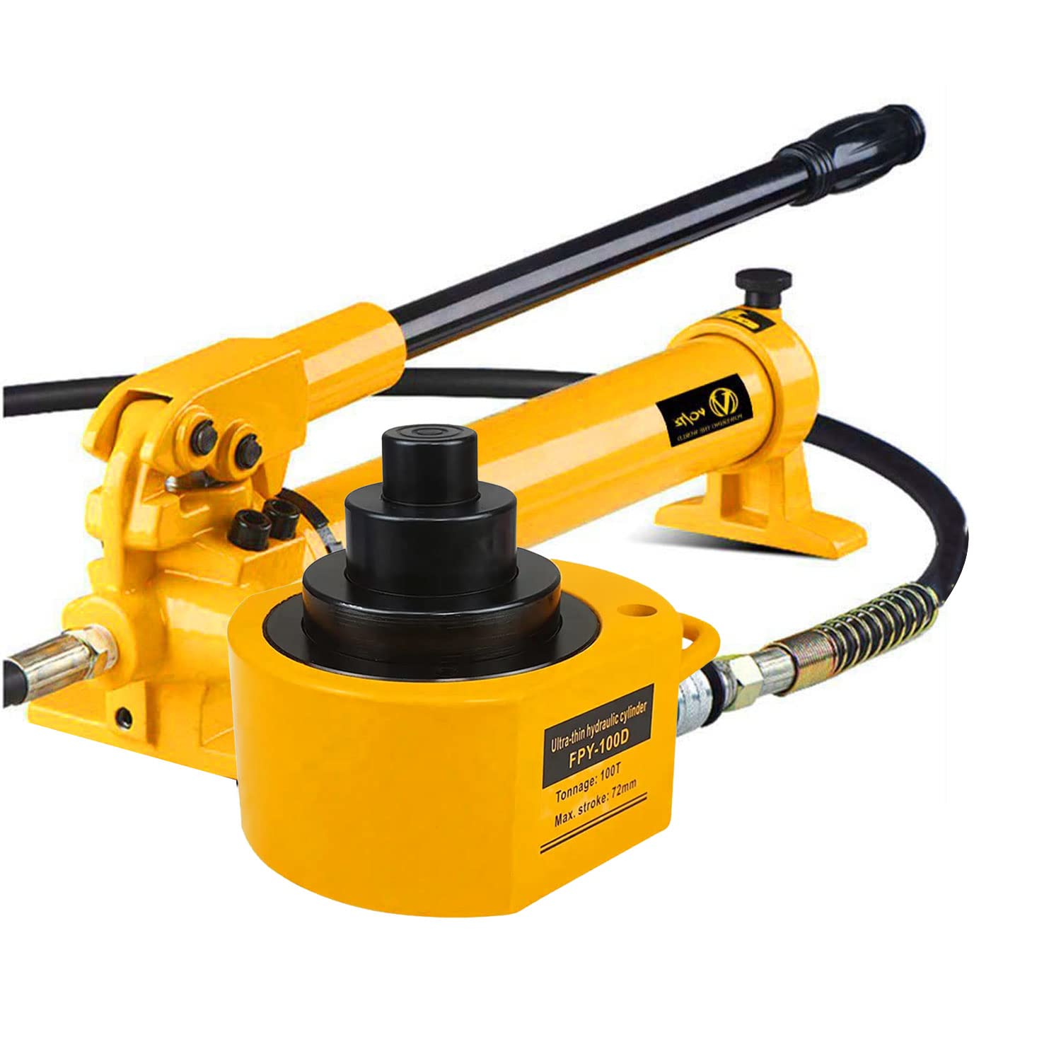 VOLTZ FPY-100D with CP-700 Hand Pump 100 ton Low Profile Hydraulic Ram Jack Multi-Section Stoke 72mm Mini Protable Hydraulic Cylinder Industrial Super Thin Lifting Jack, not for Car (100T)