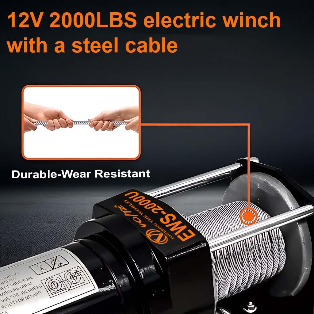 VOLTZ EWS-2000U 12V Electric winch with steel rope (907kg) single line, battery-operated Remote control winch Cable (8M)/4mm alloy steel