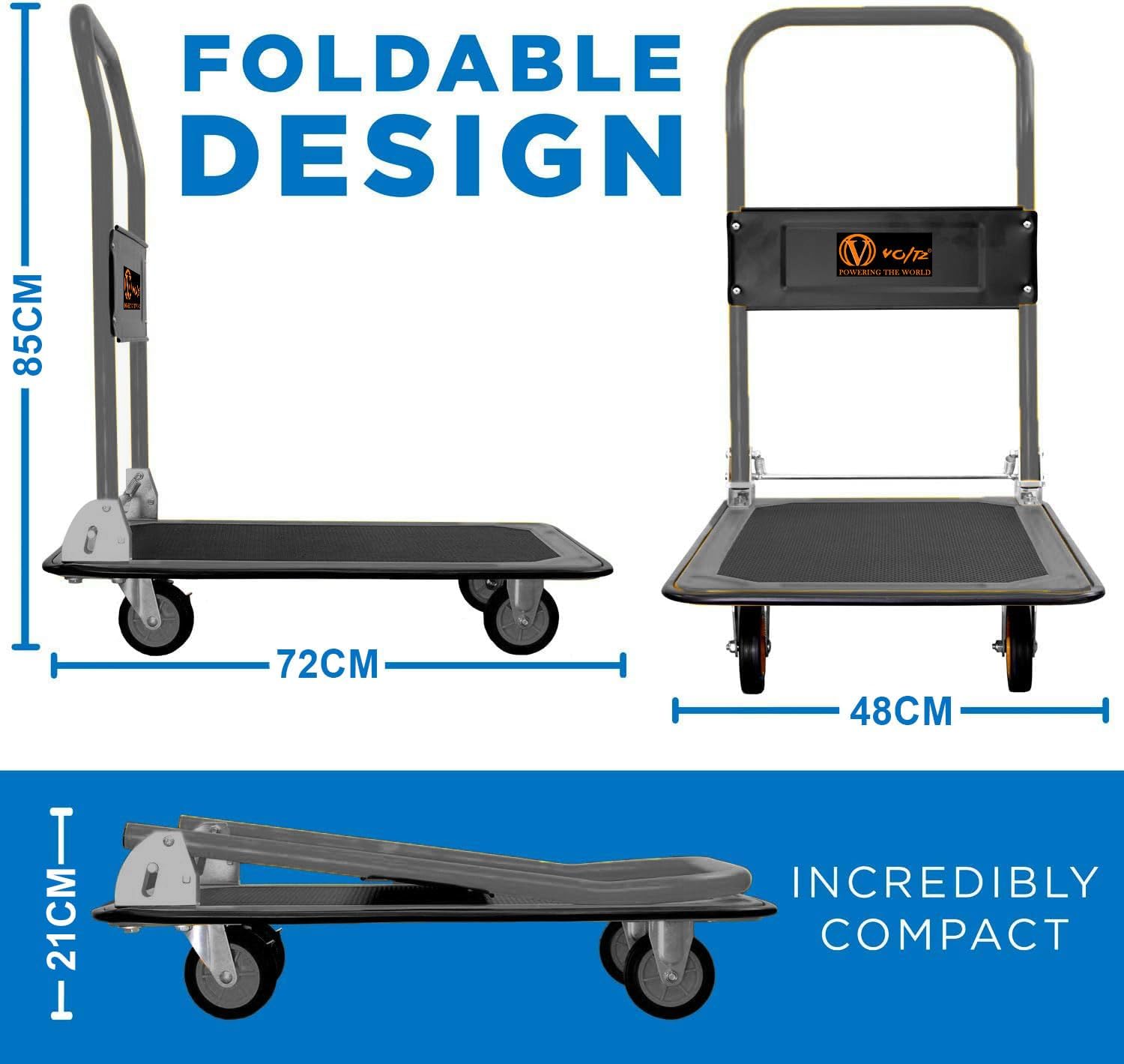 VOLTZ VZ-VHT 150 Platform Trolley 150 kg Steel Platform Truck Moving Platform Steel Hand Trolley with 360 Degree Swivel Wheels and Rubber Bumper for Safety for Easy Storage