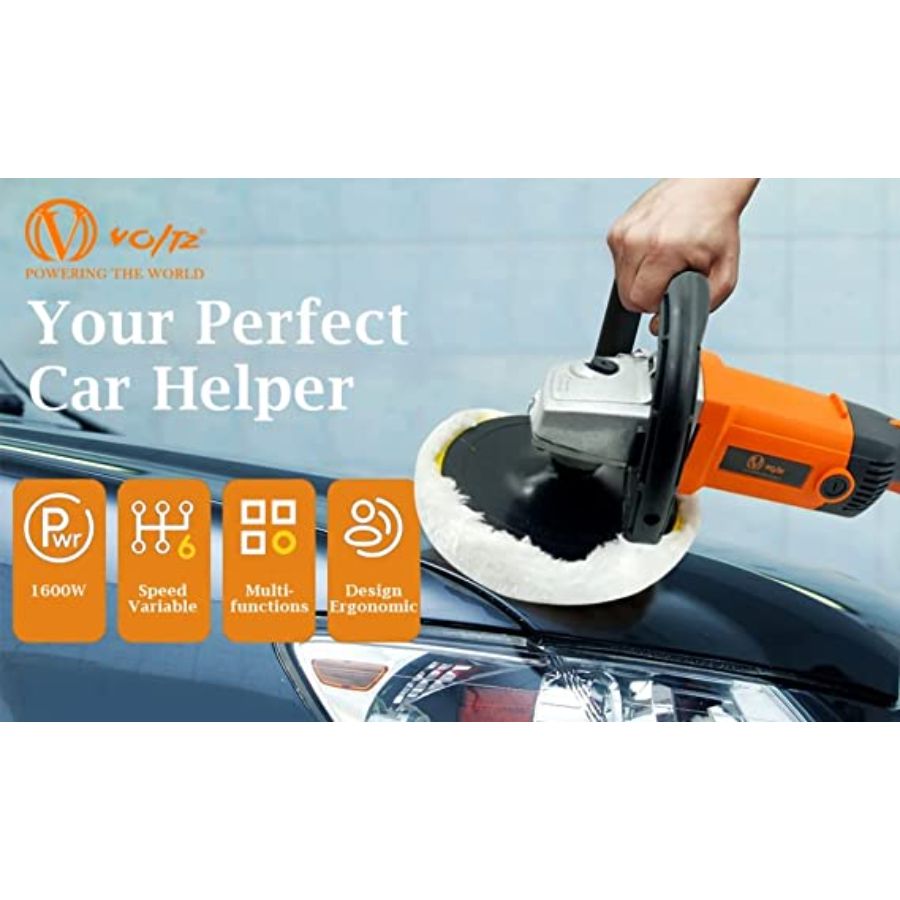 VOLTZ VZ-CP1600 Electric Hand Polisher 1600W Car Polisher, 6 Variable Speed Car Buffer 600-3000RPM,Detachable D Shape Handle Ideal for Polishing Home Appliance, Furniture, Ceramic, Car &Boat Detailing