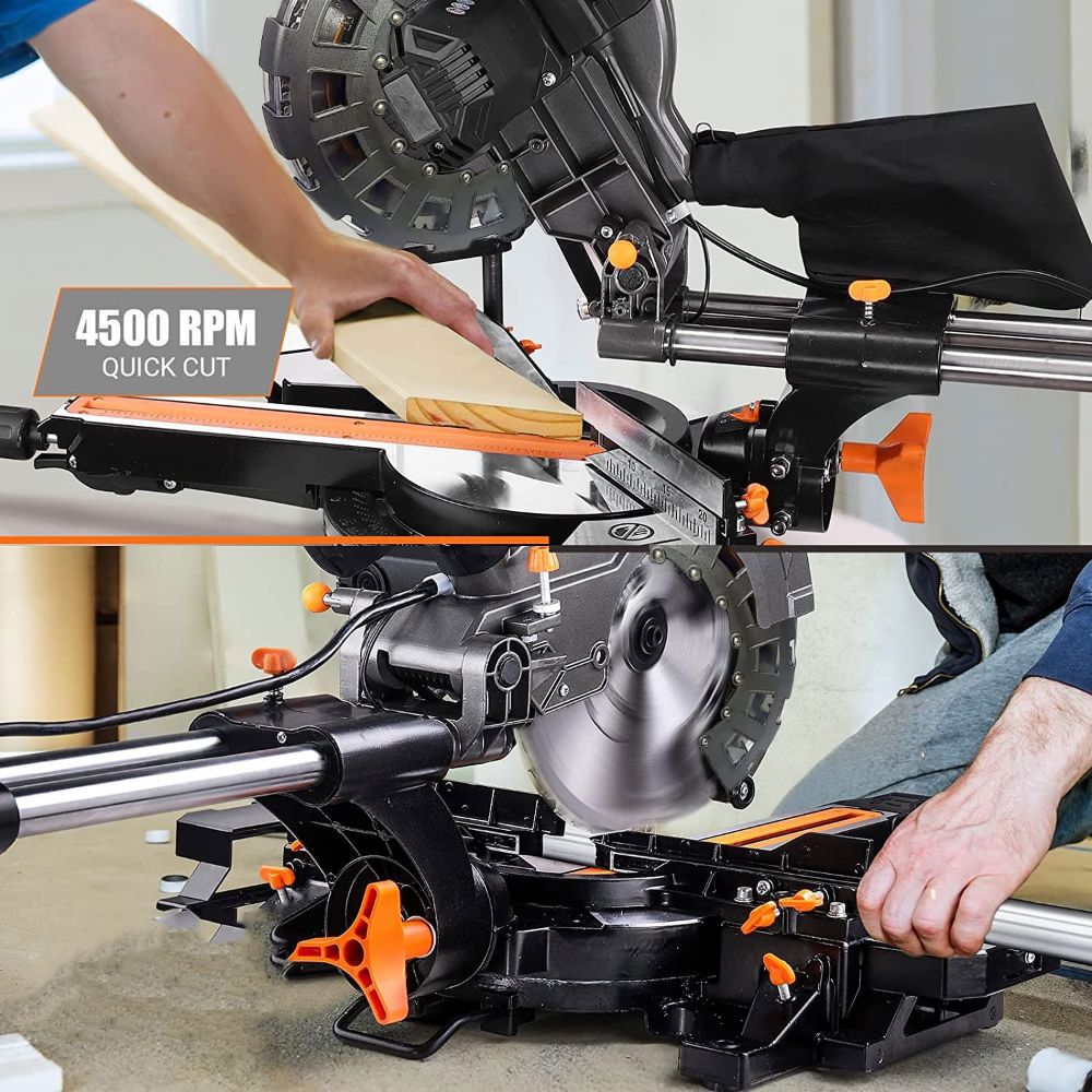 VOLTZ VZ-MS255 Miter Saw 2400W 10" with Dual Bevel Sliding Compound Miter Saw with Laser & LED Light 4500 RPM 255mm Saw Blade Dia & 80T TCT Blade, Professional Miter Saw