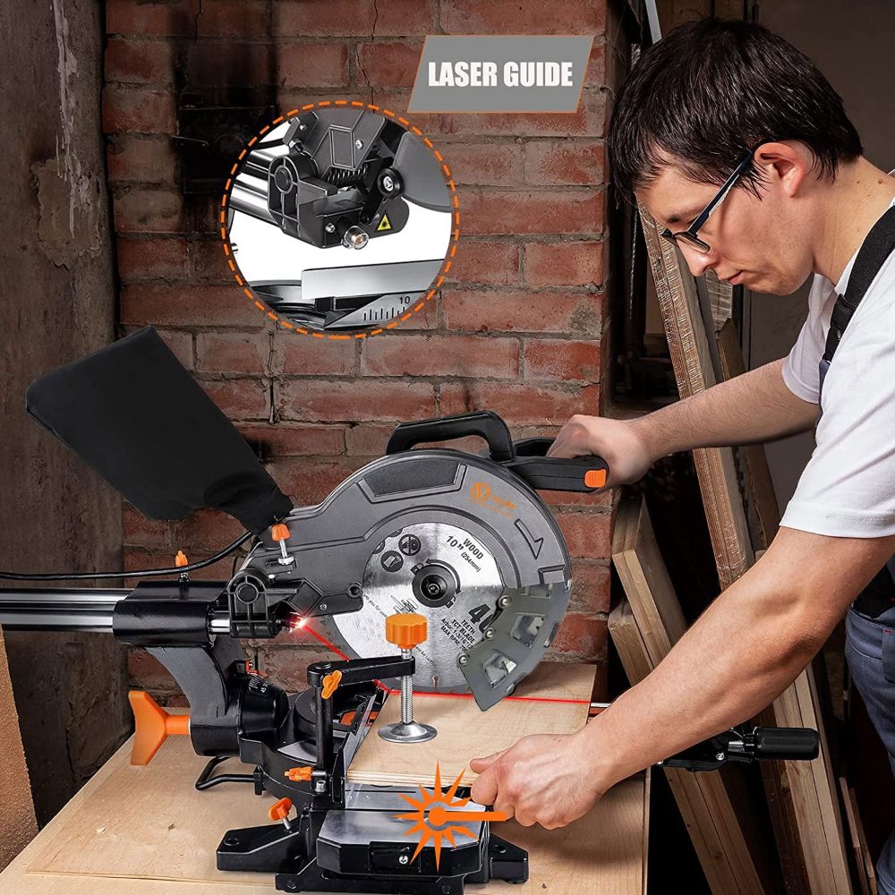 VOLTZ VZ-MS255 Miter Saw 2400W 10" with Dual Bevel Sliding Compound Miter Saw with Laser & LED Light 4500 RPM 255mm Saw Blade Dia & 80T TCT Blade, Professional Miter Saw