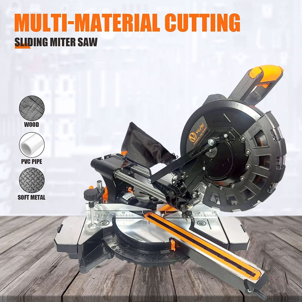 VOLTZ VZ-MS255 Miter Saw 2400W 10" with Dual Bevel Sliding Compound Miter Saw with Laser & LED Light 4500 RPM 255mm Saw Blade Dia & 80T TCT Blade, Professional Miter Saw