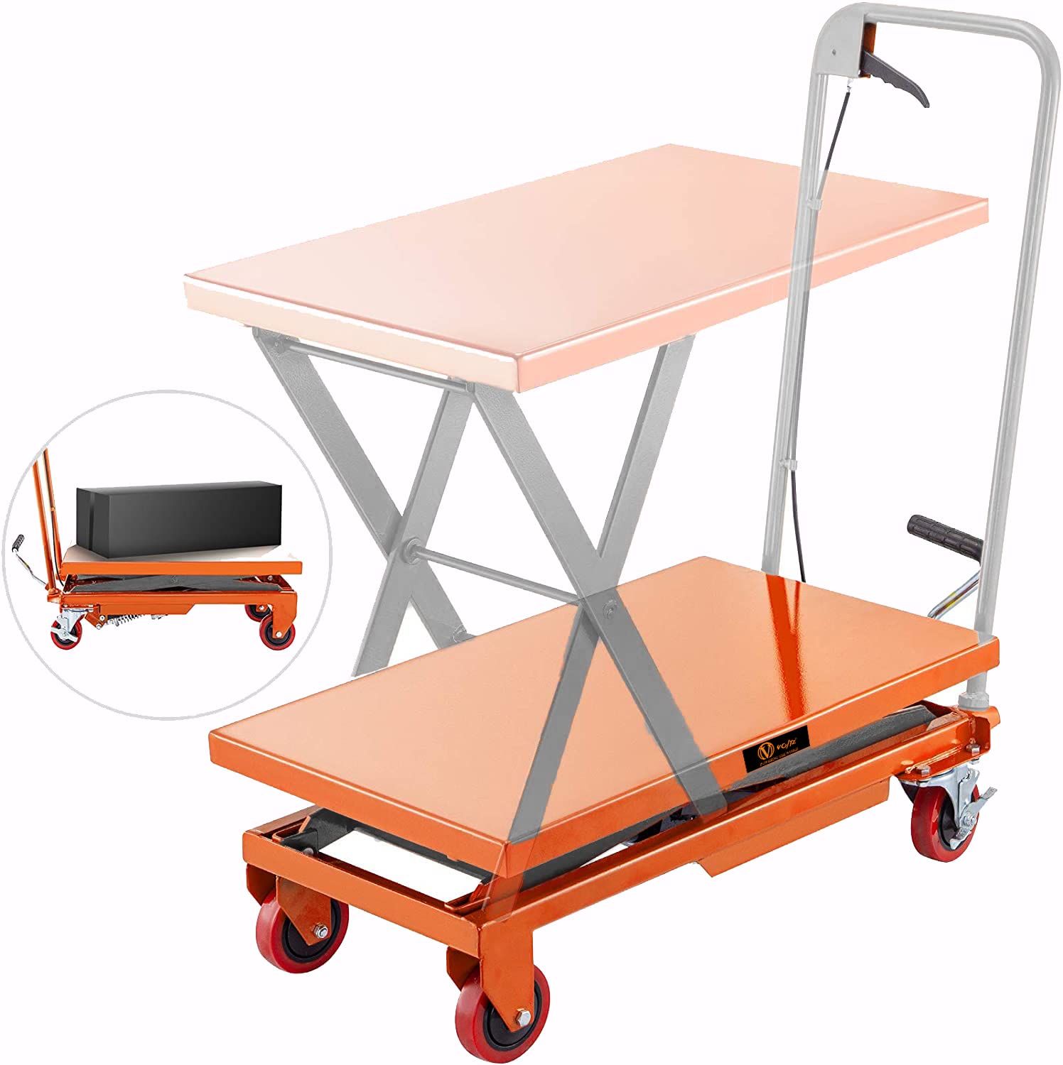 VOLTZ 500 Kg Hydraulic Lift Trolley Max. Height 900 mm Manual Scissor Lift Table w/ 4 Wheels and Foot Pump, Elevating Hydraulic Cart for Material Handling, Orange
